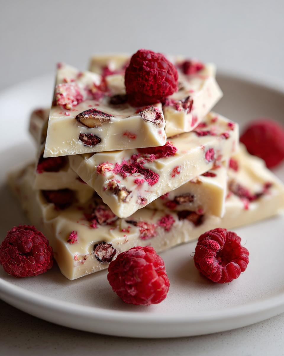 Close-up of white chocolate raspberry bark pieces stacked on a plate with fresh raspberries.