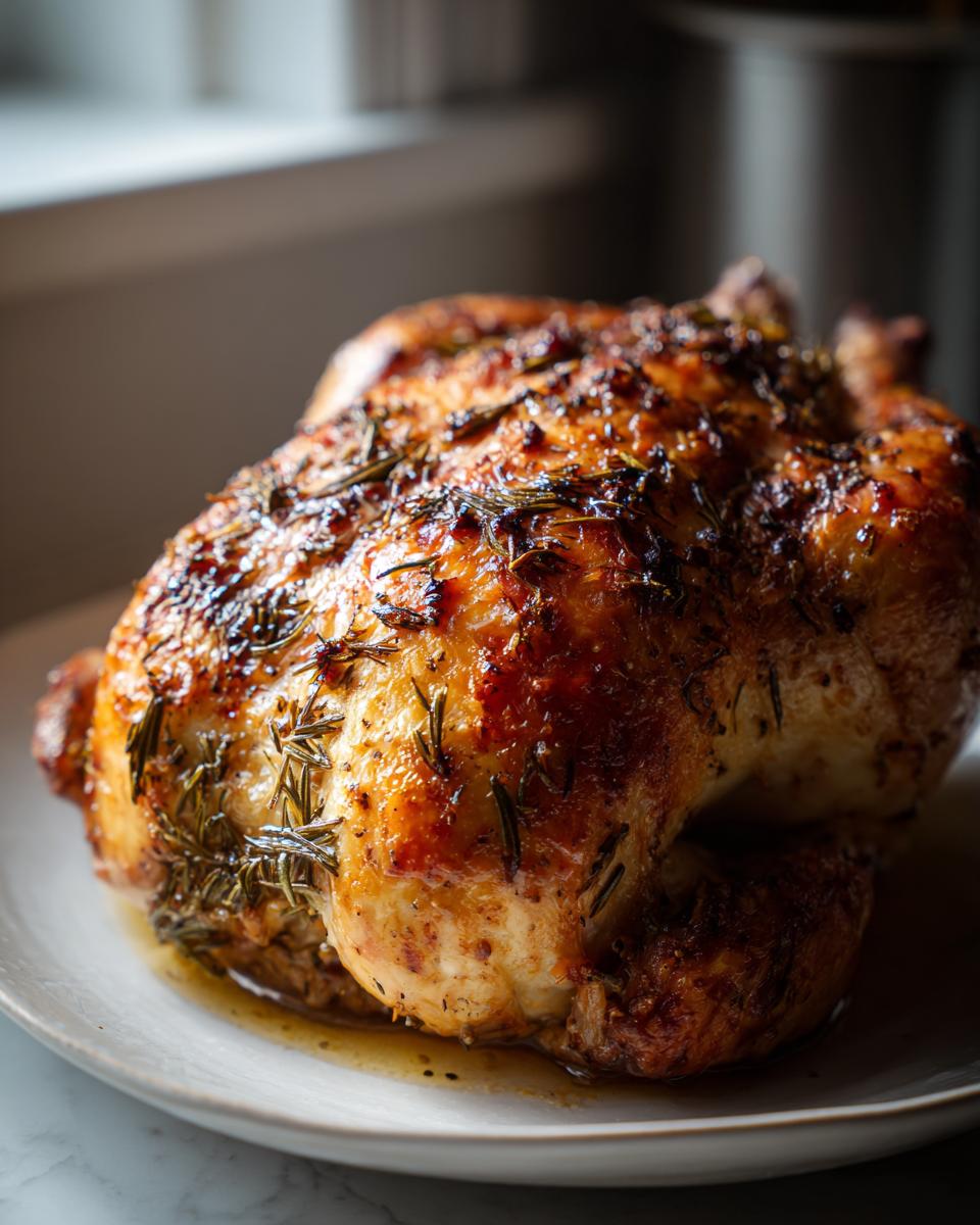 Whole roasted chicken with crispy skin and herbs on a white plate, perfect for Easter chicken recipes.
