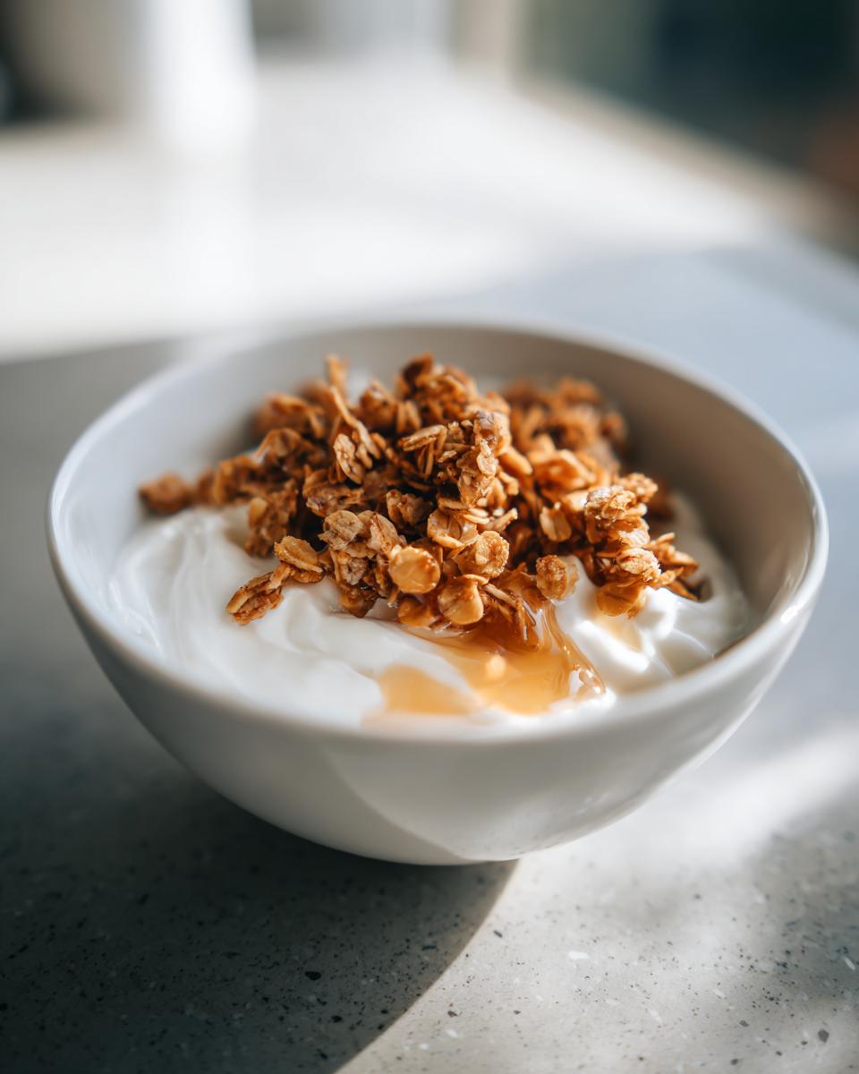 Bowl of yogurt topped with granola and honey as a quick snack recipe