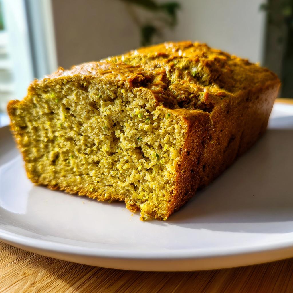 Close-up of a moist slice of avocado protein bread on a white plate.