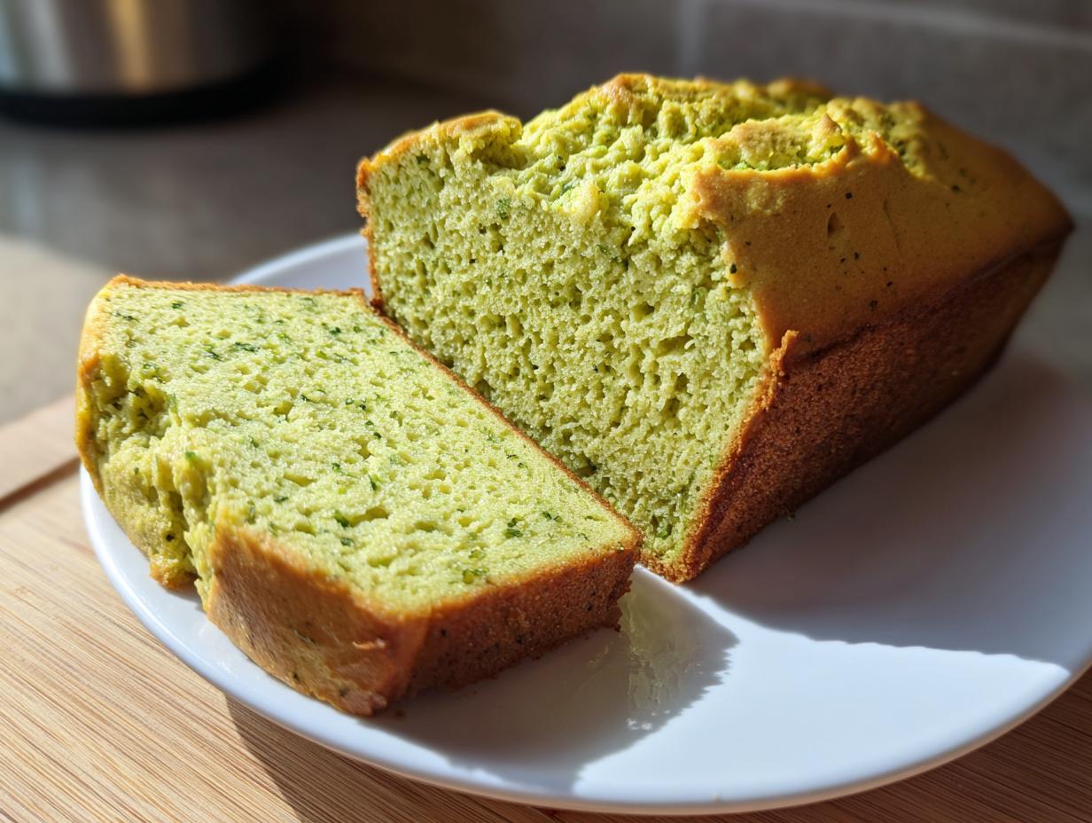 Sliced loaf of green avocado protein bread on a white plate