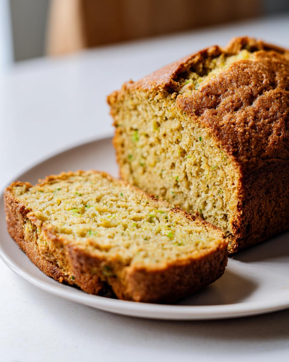 Sliced loaf of avocado protein bread on a white plate showing moist texture and green flecks.