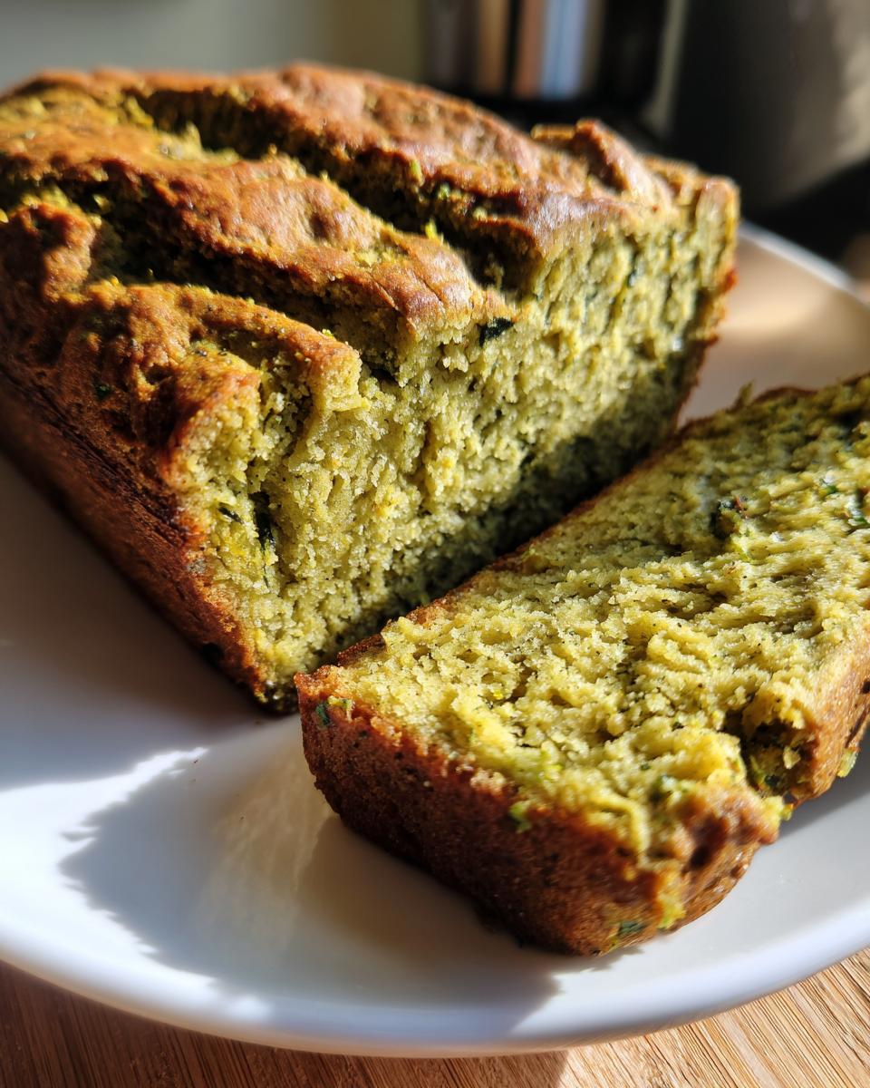Close-up of a sliced loaf of avocado protein bread on a white plate.