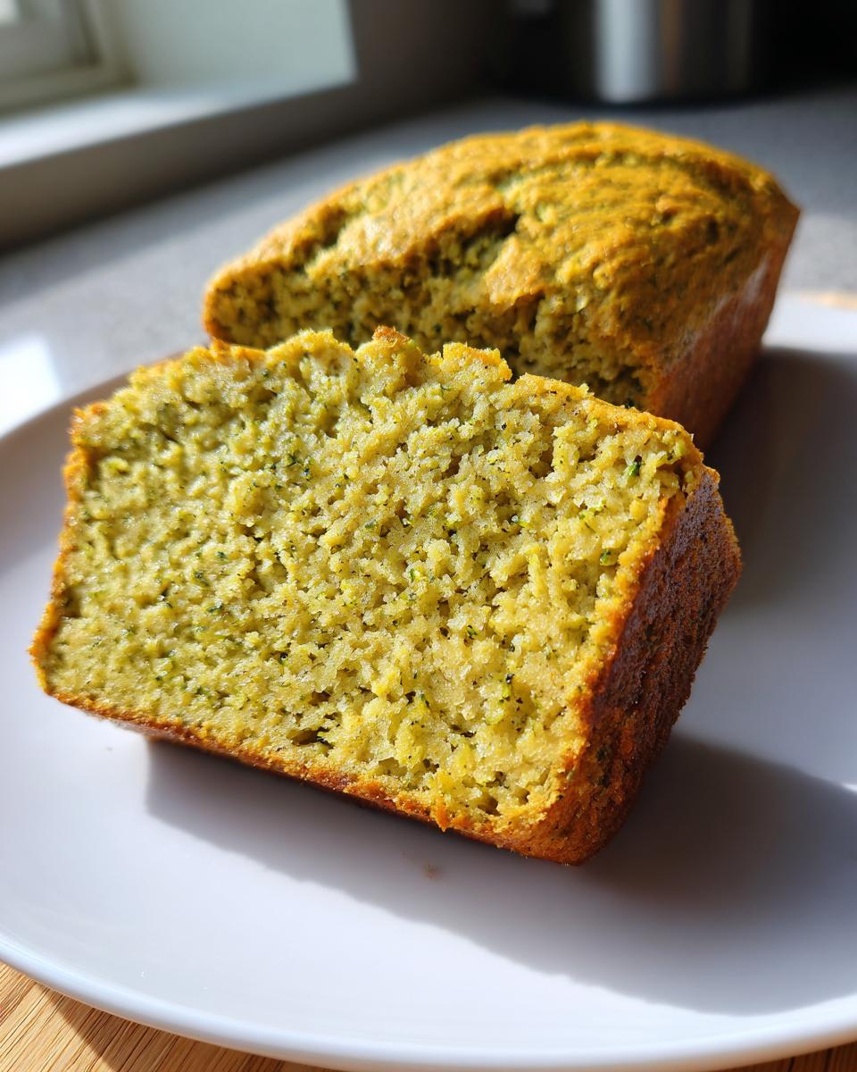 Sliced loaf of moist avocado protein bread on a white plate in natural light