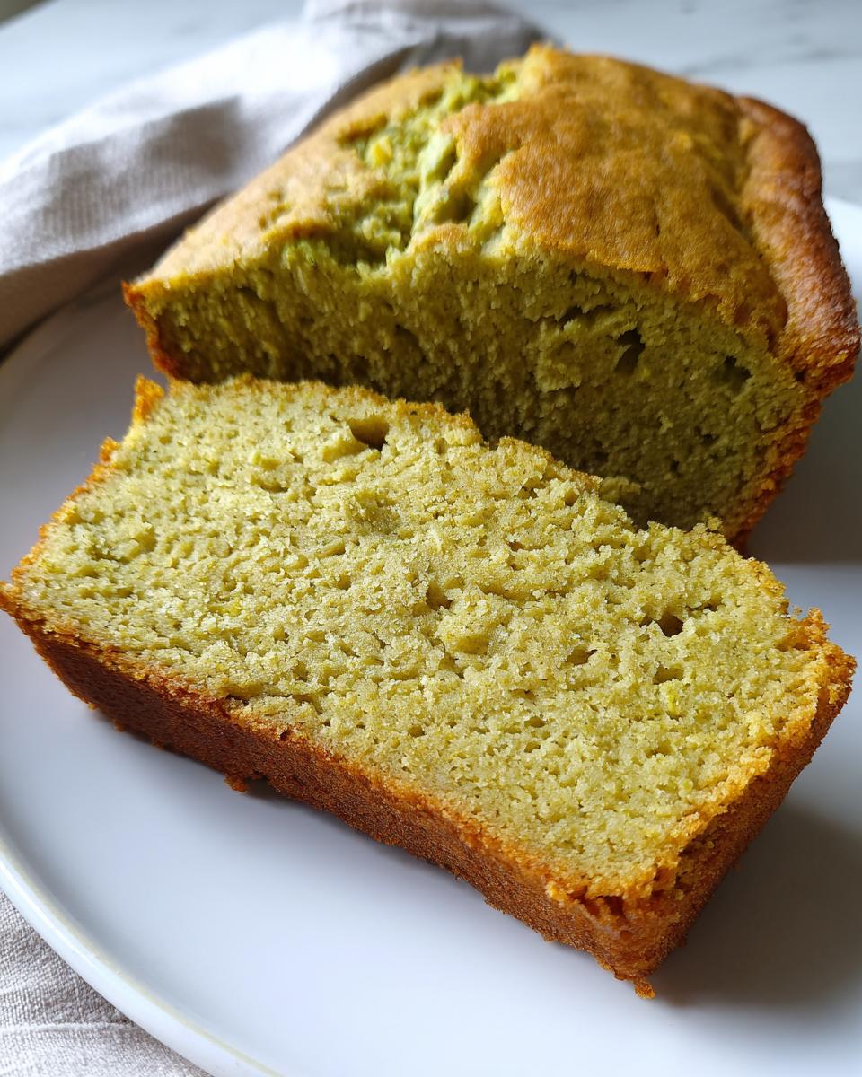 Sliced loaf of moist avocado protein bread on a white plate with a beige cloth in the background