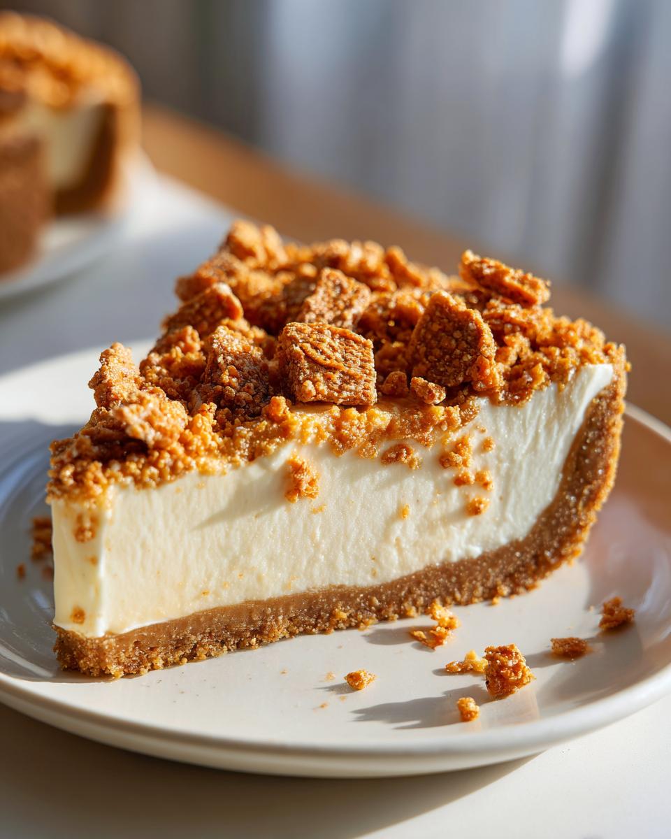 Close-up of a slice of Butterfinger Pie with creamy filling and crunchy candy topping on a white plate.