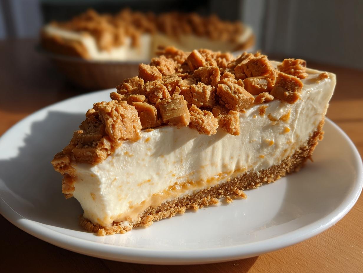 Close-up of a slice of Butterfinger Pie with creamy filling and crushed Butterfinger candy on top.