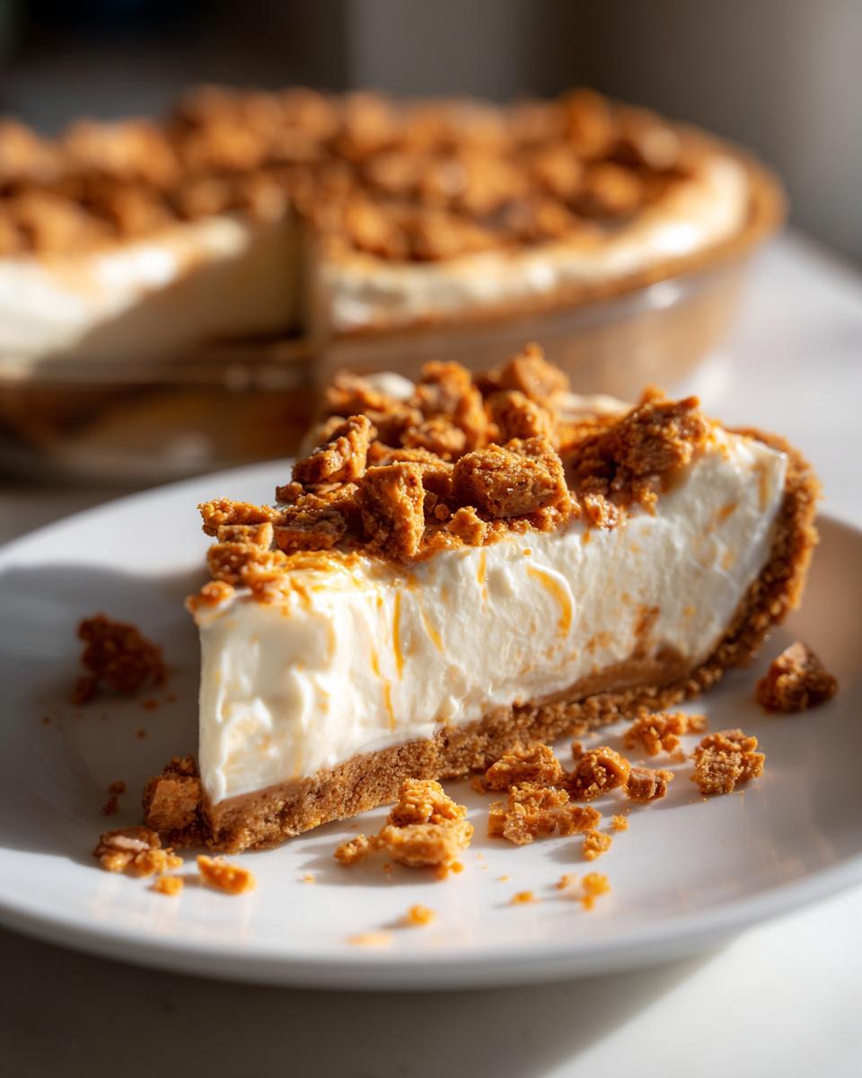 Slice of Butterfinger Pie with creamy filling and crunchy Butterfinger pieces on top