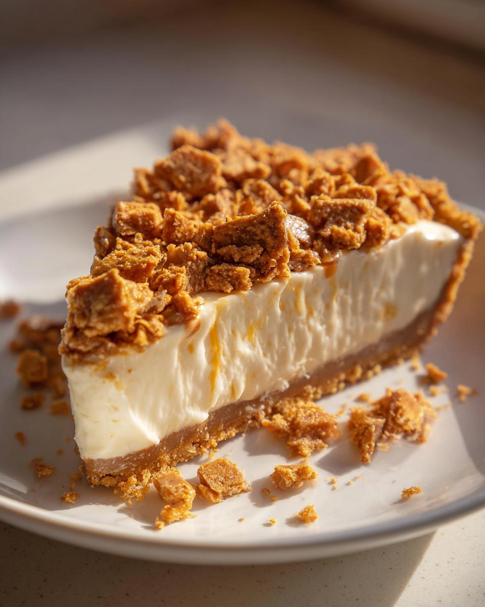 Close-up of a creamy Butterfinger Pie slice topped with crunchy Butterfinger pieces on a white plate.
