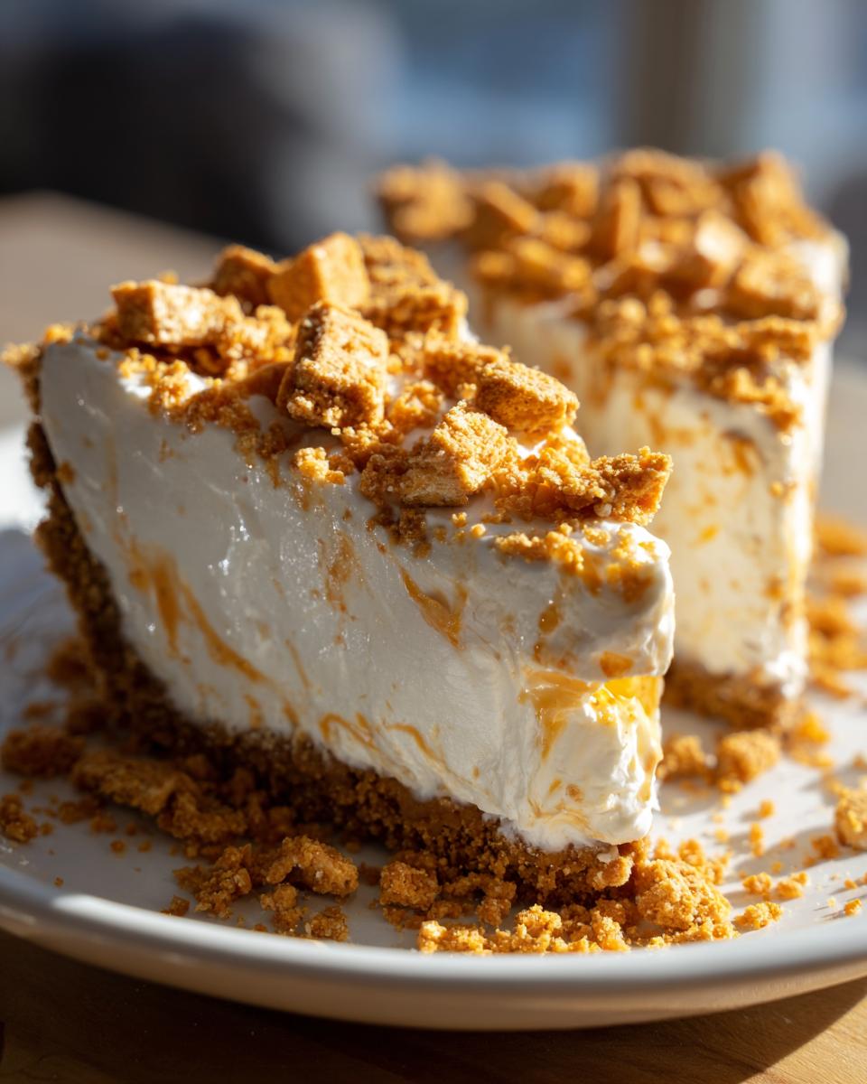 Close-up of a creamy Butterfinger Pie slice topped with crumbled candy pieces on a white plate.