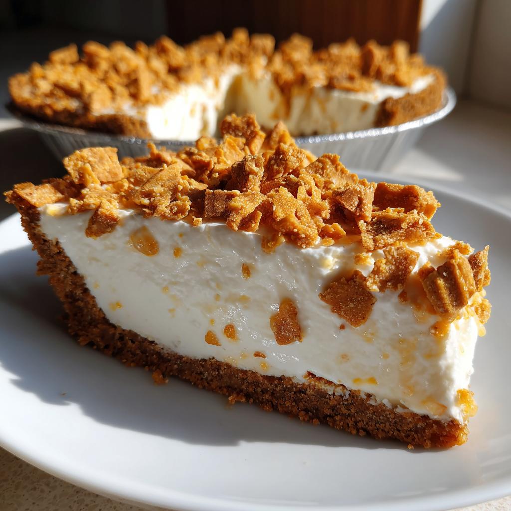 Close-up of a creamy Butterfinger Pie slice topped with crushed candy pieces on a white plate.