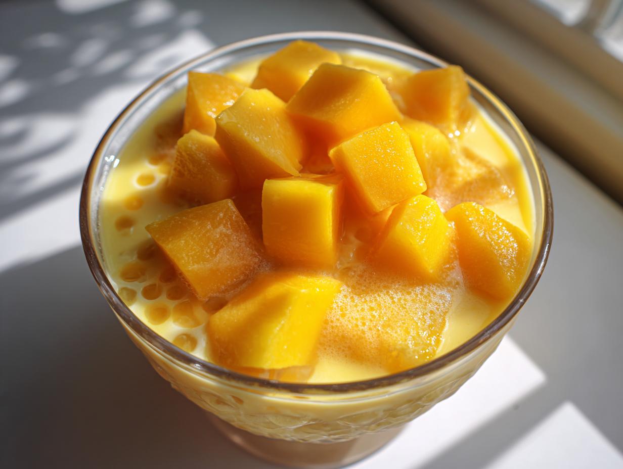 Glass bowl filled with creamy mango sago topped with fresh mango cubes.