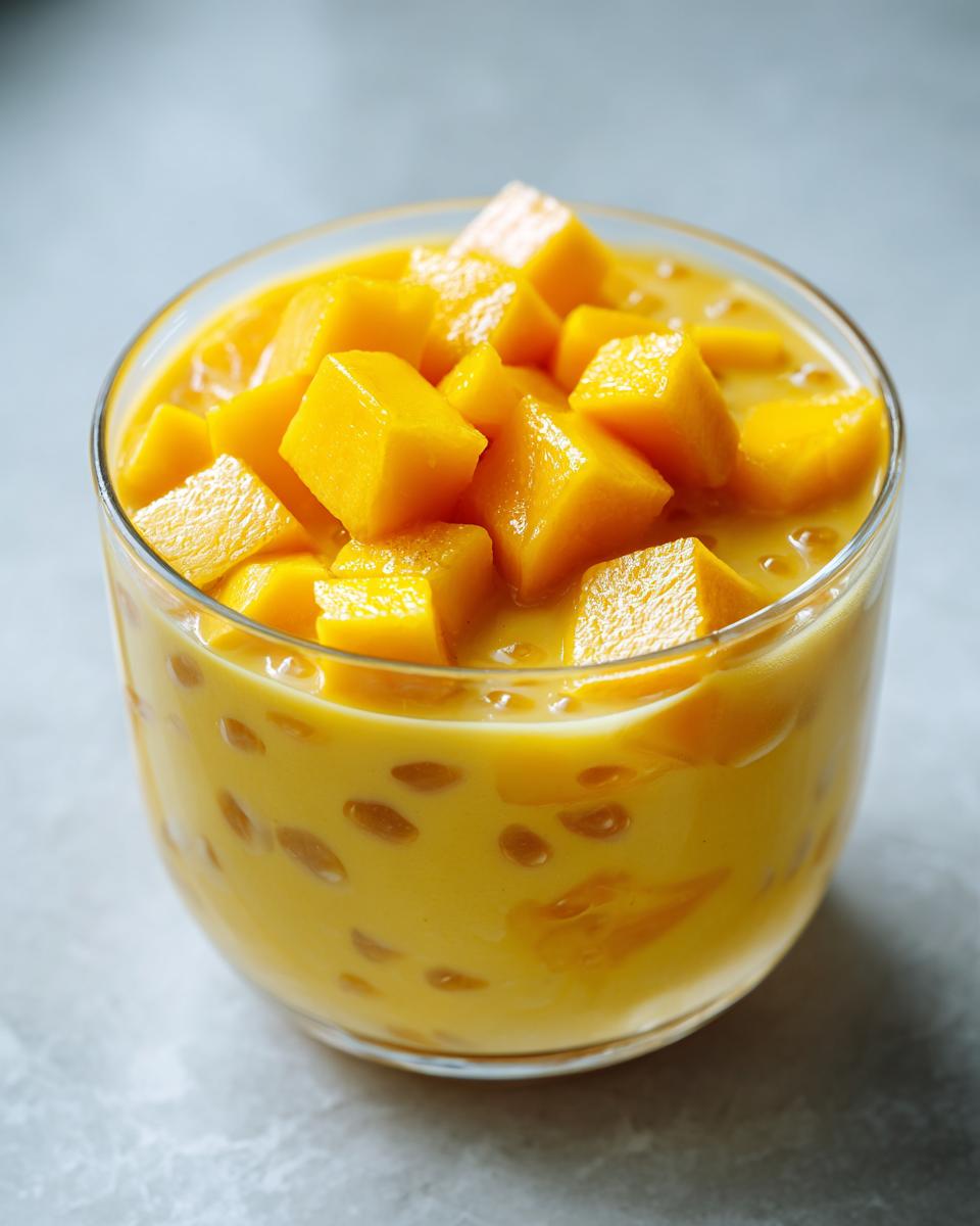 Glass filled with creamy mango sago topped with fresh mango cubes