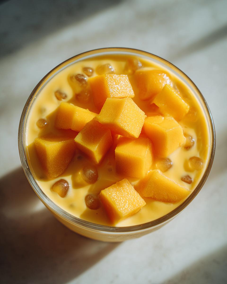 Glass filled with creamy mango sago topped with fresh mango cubes.
