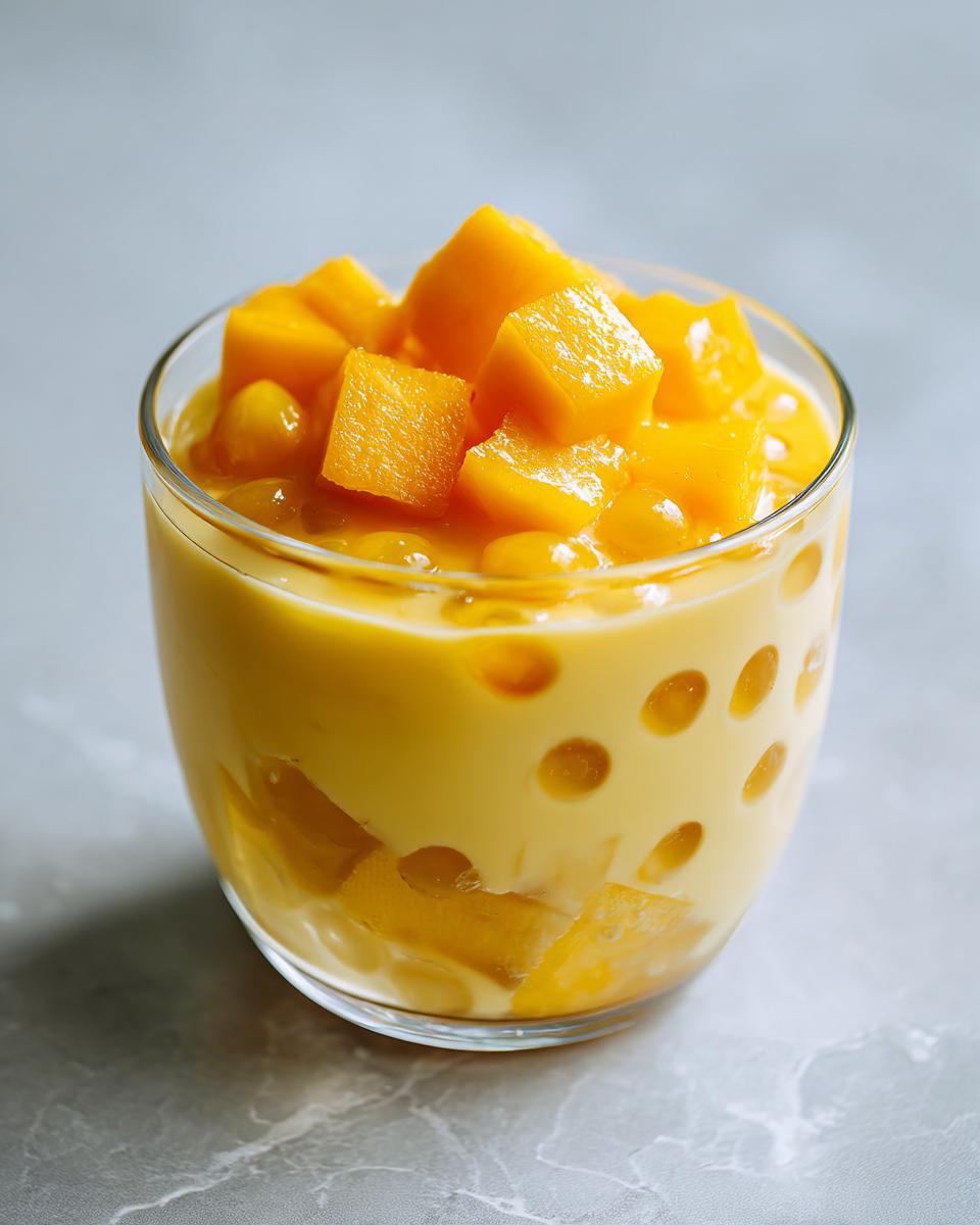 Glass filled with creamy mango sago topped with fresh mango cubes on a gray surface.