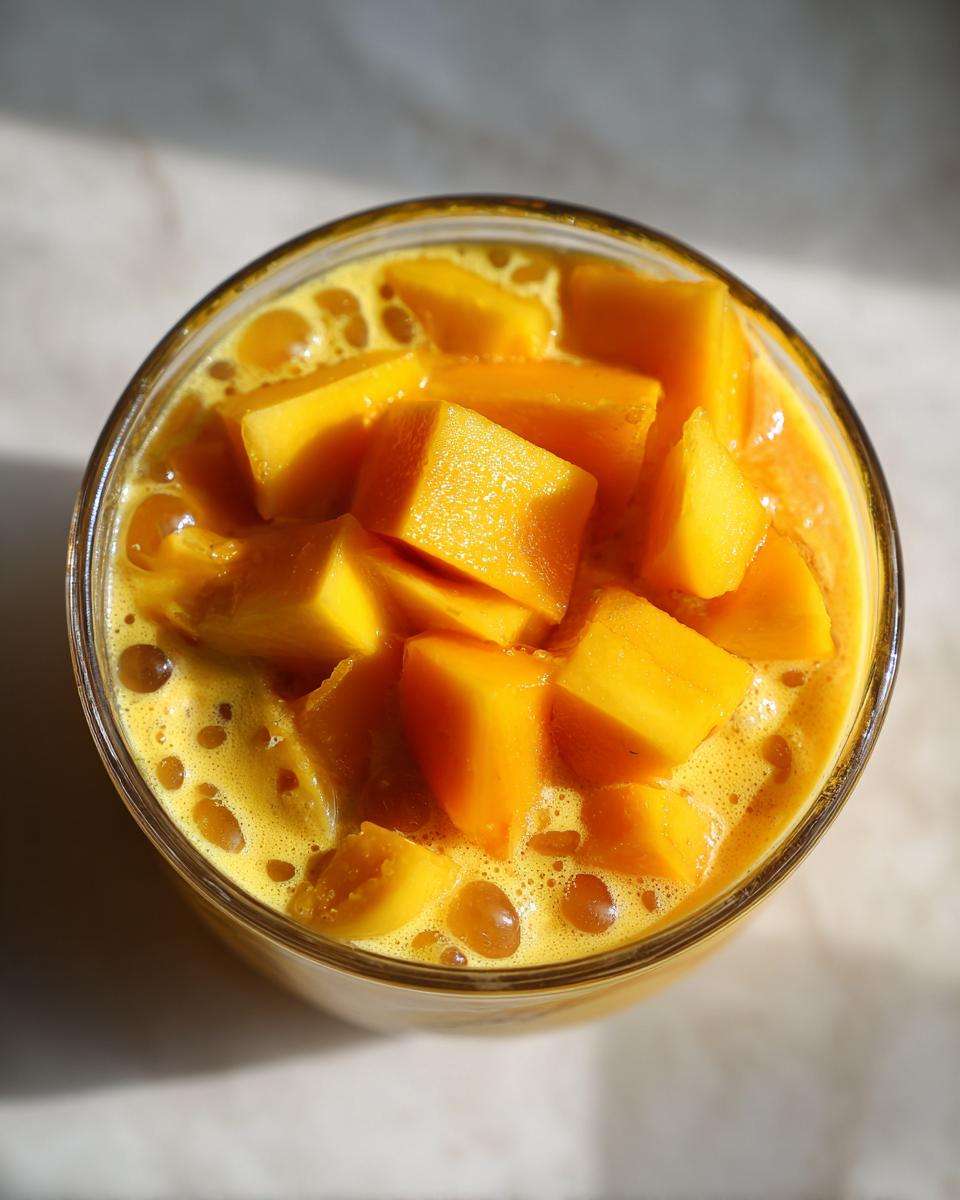 Glass filled with creamy mango sago topped with fresh mango chunks