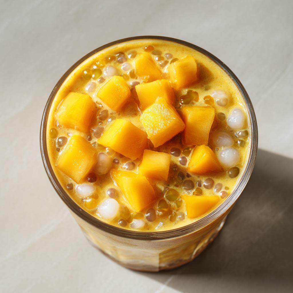 Glass filled with creamy mango sago topped with fresh mango chunks and tapioca pearls.