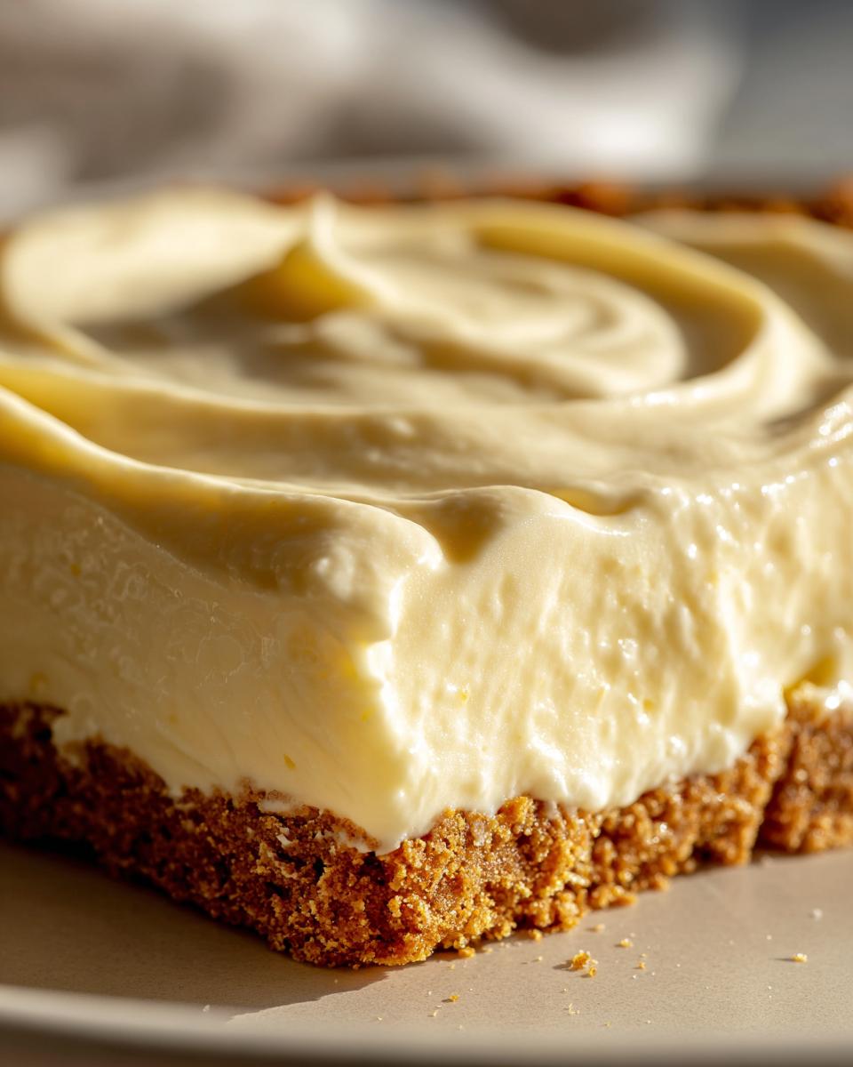 Close-up of creamy no-bake lemon dessert with a crumbly crust on a plate.