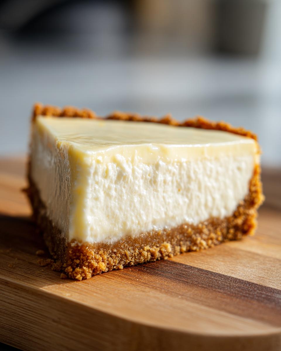 Close-up of a creamy no-bake lemon dessert slice with graham cracker crust on wooden board
