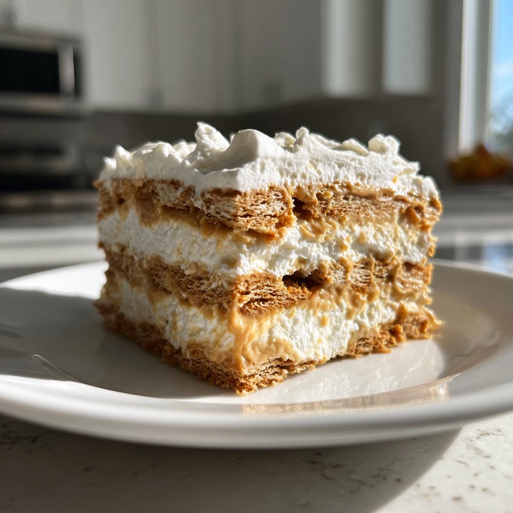 Close-up of a creamy peanut butter icebox cake slice with layers of whipped cream and crackers.