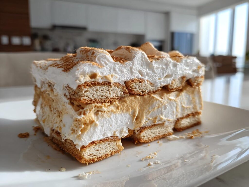 Close-up of a creamy peanut butter icebox cake slice with layers of whipped topping and cookies.