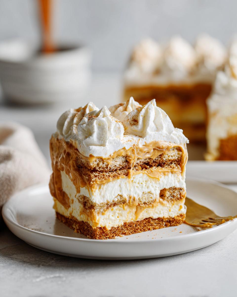 Slice of peanut butter icebox cake with layers of whipped cream and cookies on a white plate