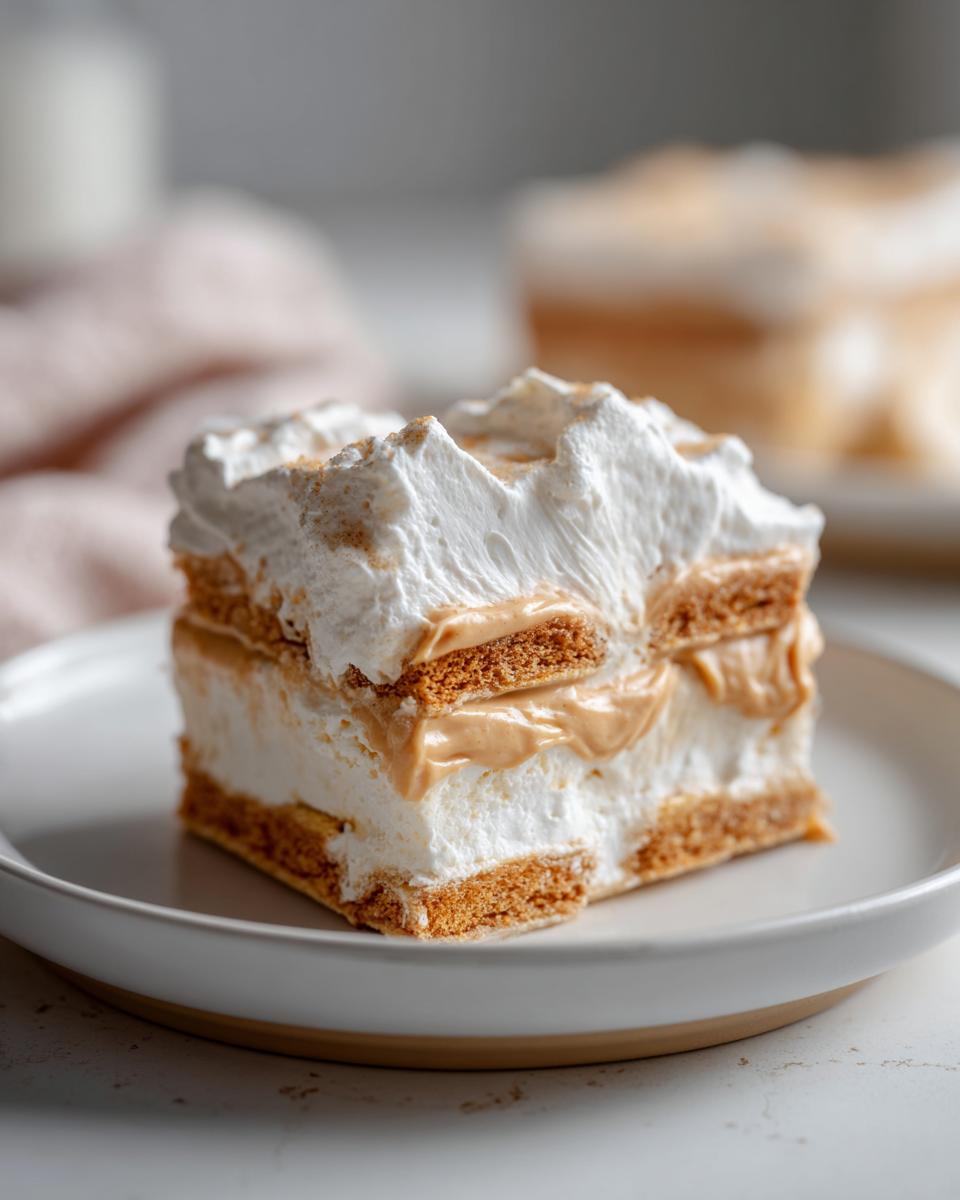 Close-up of a creamy Peanut Butter Icebox Cake slice with layers of whipped topping and cookies on a white plate.
