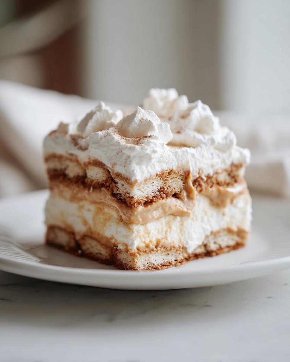 Close-up of a creamy Peanut Butter Icebox Cake slice with layers of whipped topping and cookies.