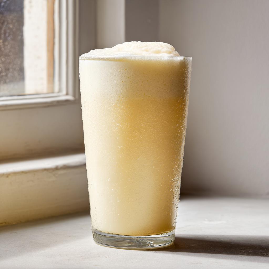 Cold glass of frozen creamy lemonade with frothy top and condensation on the glass.