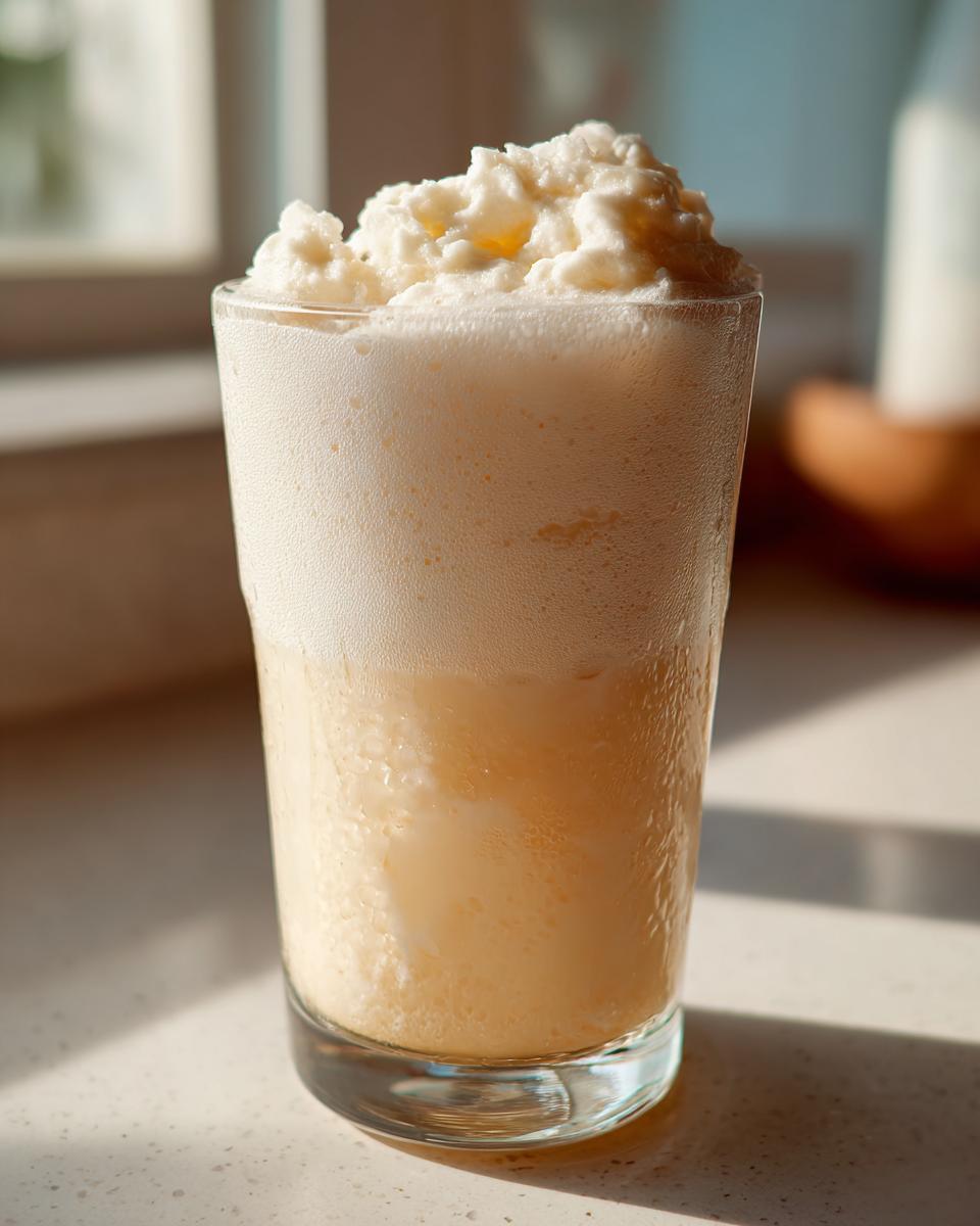 Close-up of a glass filled with frothy Frozen Creamy Lemonade on a countertop.