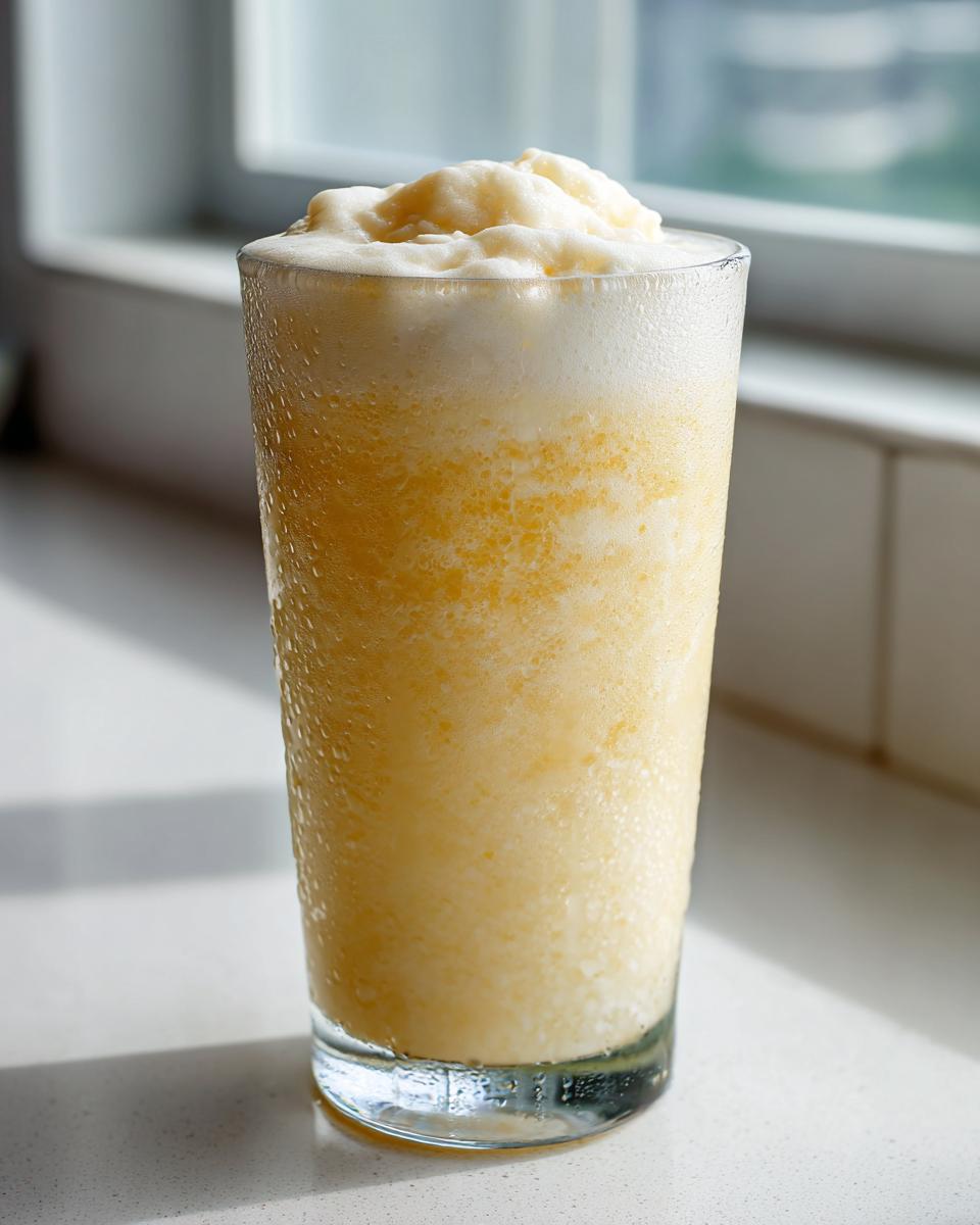 Close-up of a cold, frothy Frozen Creamy Lemonade in a glass with condensation.