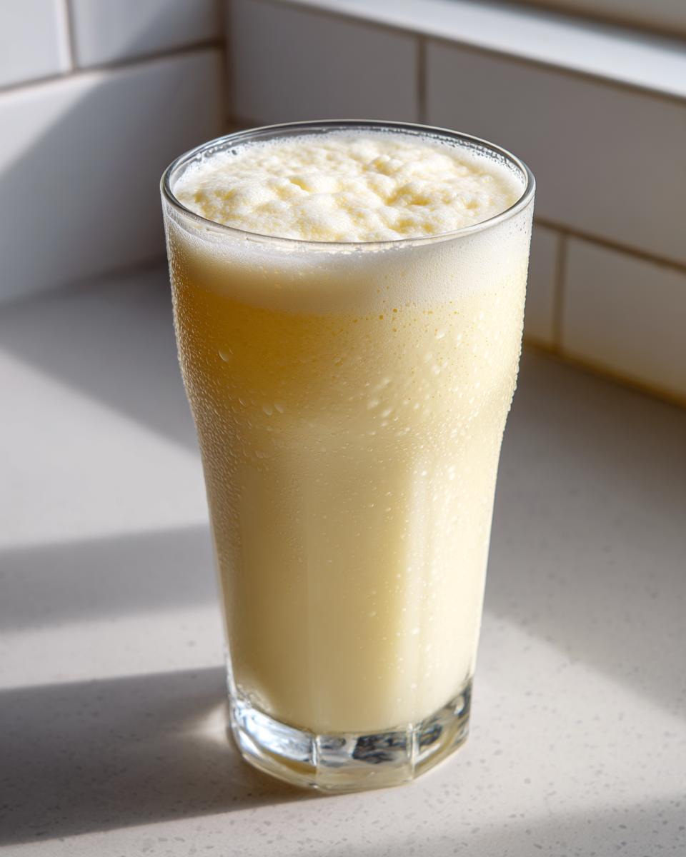 Close-up of a tall glass filled with frothy frozen creamy lemonade on a kitchen counter.