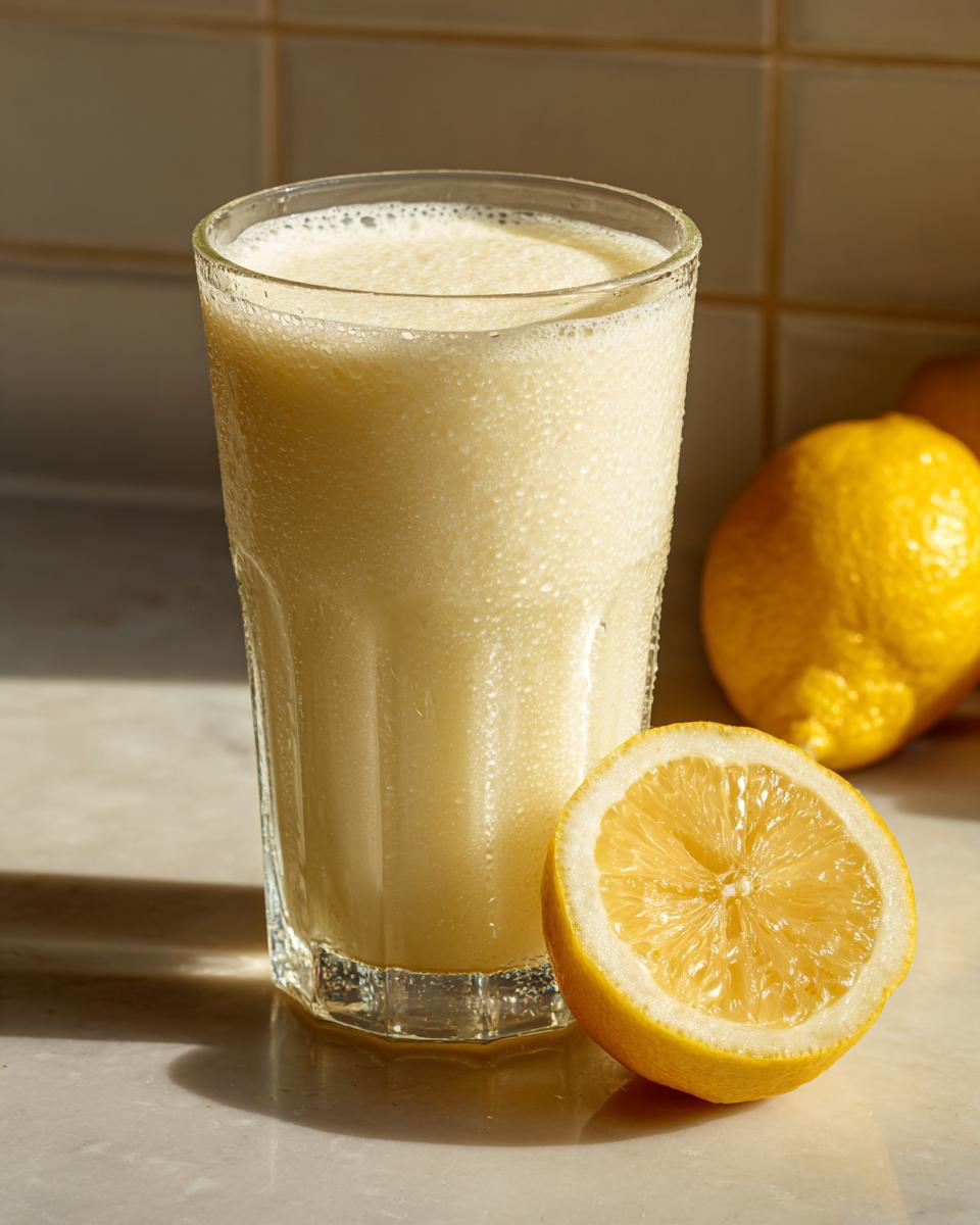 Glass of frothy frozen creamy lemonade with fresh lemon halves on a countertop.