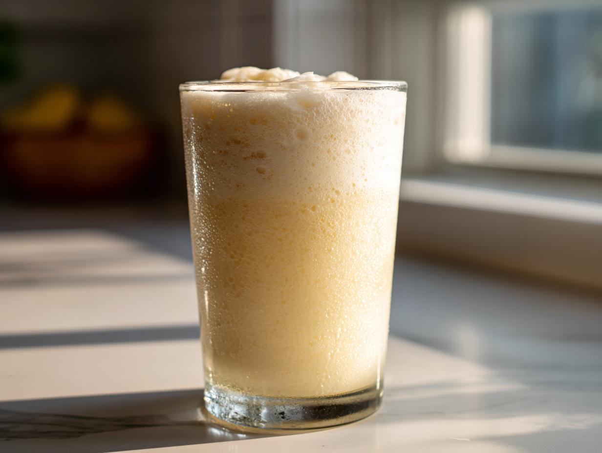Glass filled with frothy frozen creamy lemonade on a sunlit countertop.