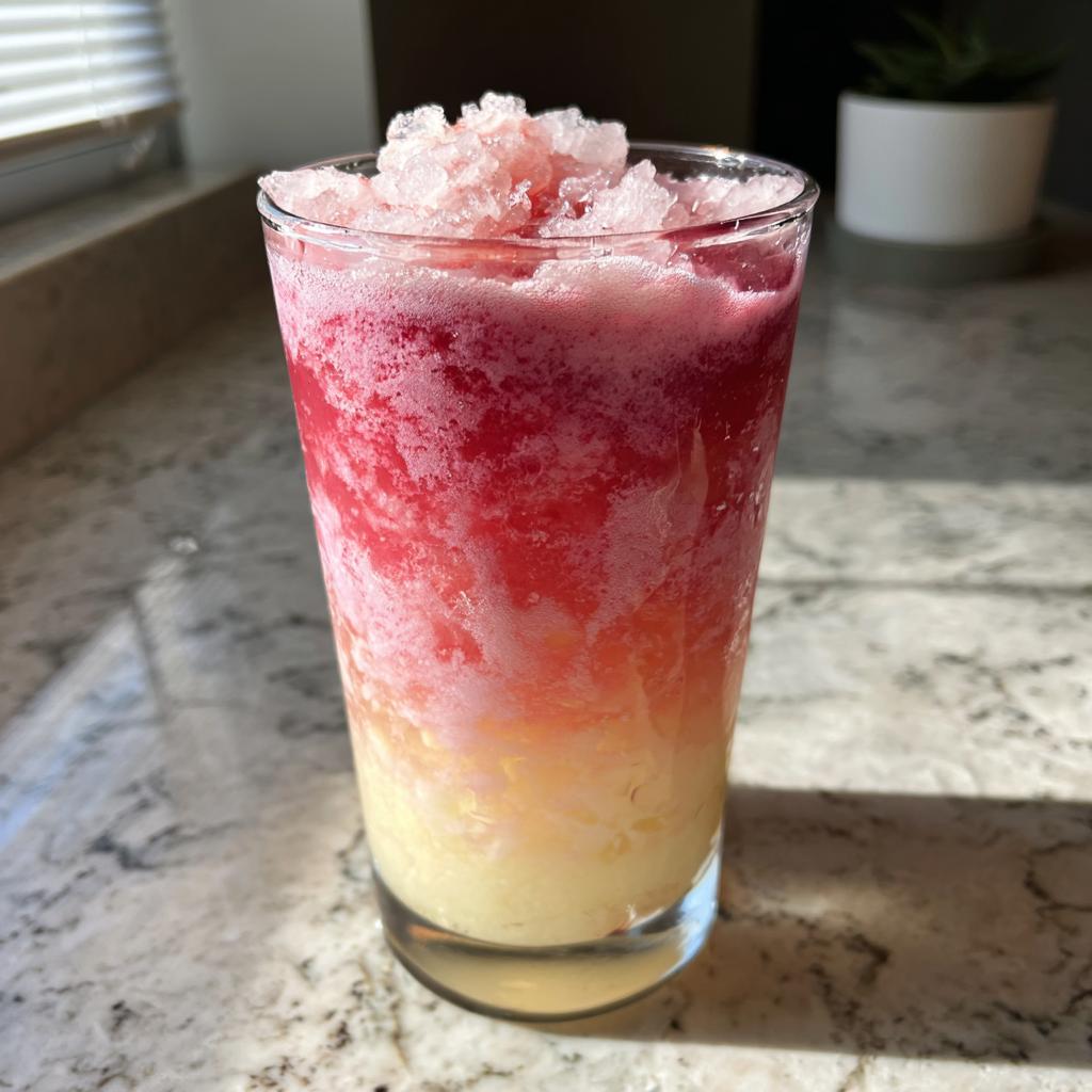 Glass filled with layered frozen strawberry lemonade with crushed ice on top