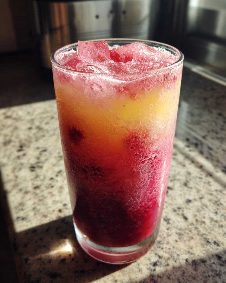 Close-up of a glass filled with colorful frozen strawberry lemonade with ice.