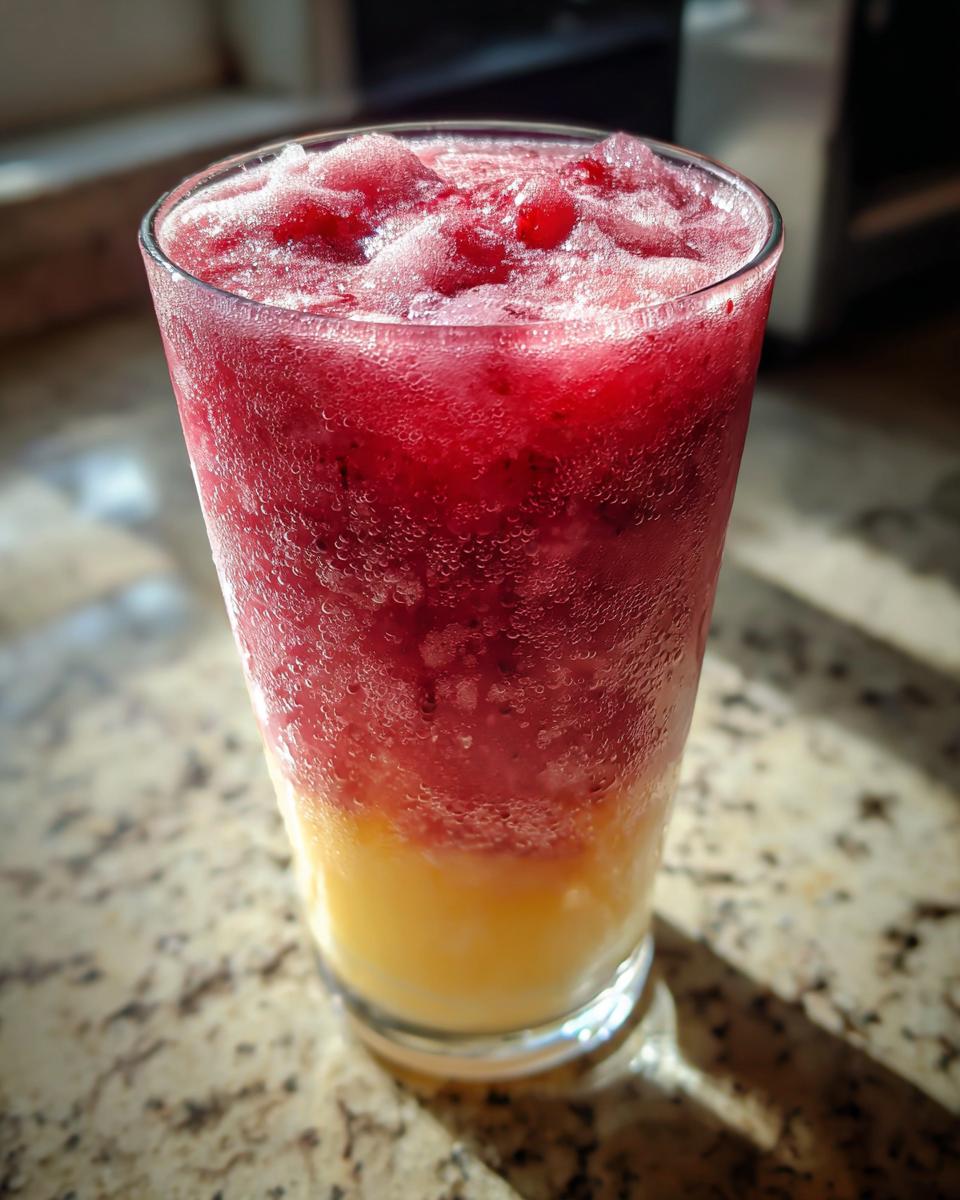 Close-up of a glass filled with layered frozen strawberry lemonade with red and yellow hues.