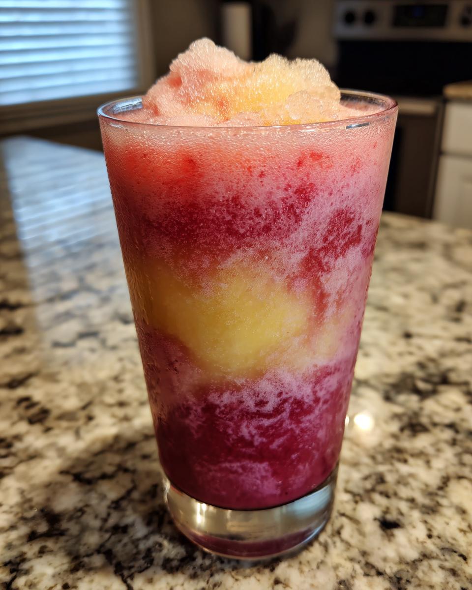 Close-up of a glass filled with colorful frozen strawberry lemonade with red and yellow swirls.