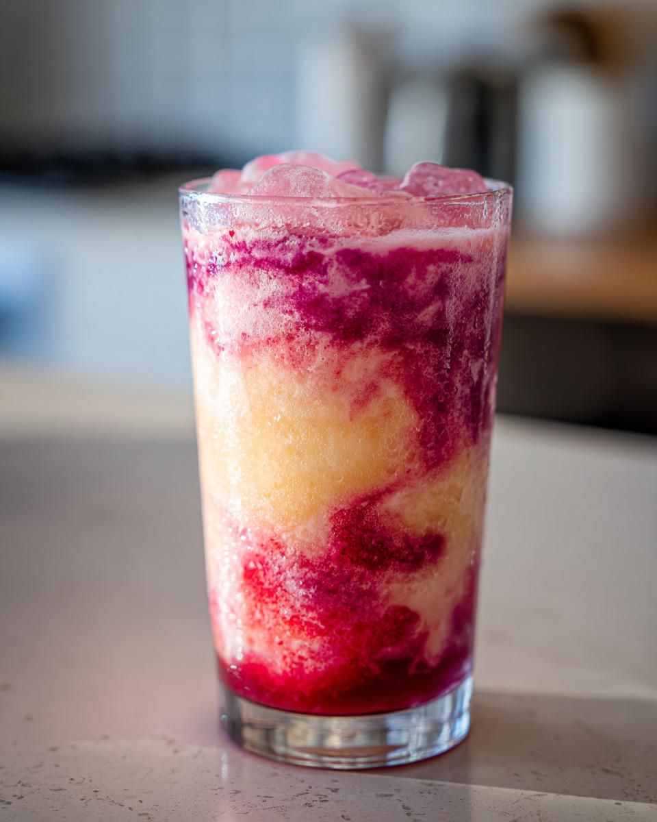 Close-up of a glass filled with colorful frozen strawberry lemonade with ice cubes.