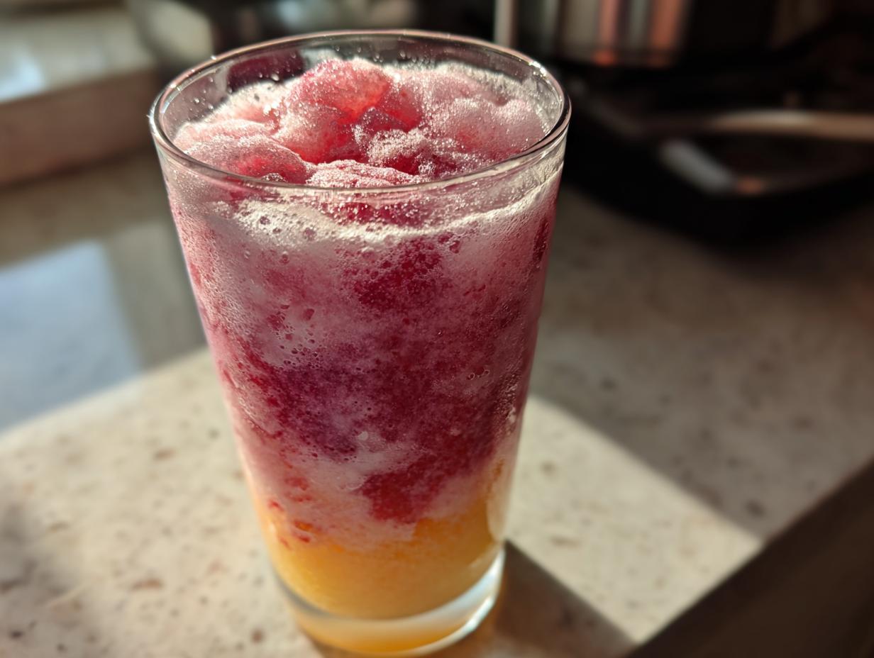 Glass filled with vibrant frozen strawberry lemonade showing red and yellow icy layers.