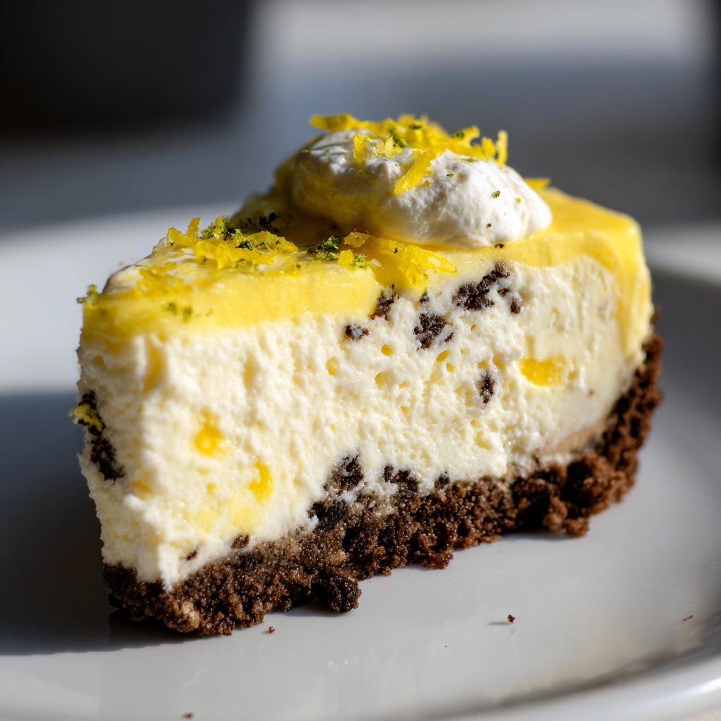 Close-up of a slice of Heavenly Lemon Oreo Dessert with creamy lemon topping and Oreo crust