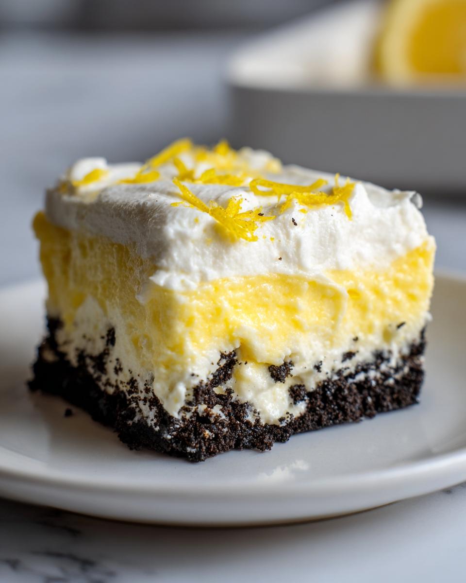 Close-up of a slice of Heavenly Lemon Oreo Dessert with creamy lemon layer and Oreo crust