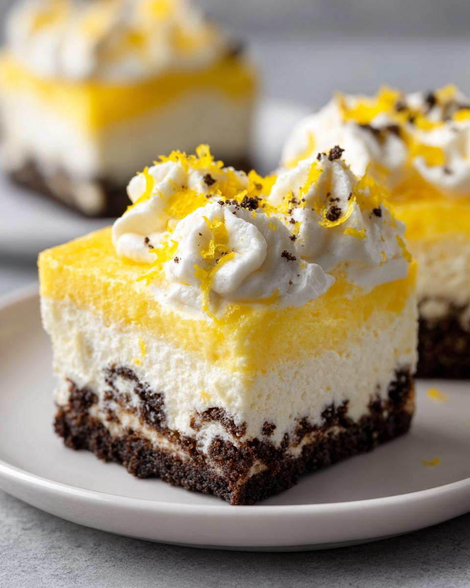 Close-up of a slice of Heavenly Lemon Oreo Dessert with whipped cream and lemon zest topping.