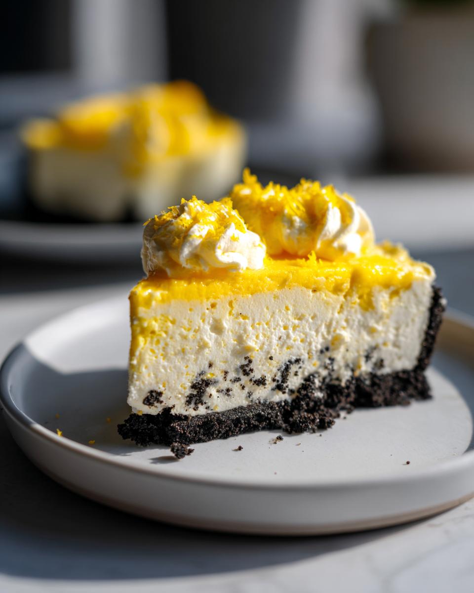 Close-up of a slice of Heavenly Lemon Oreo Dessert with creamy lemon topping and Oreo crust.