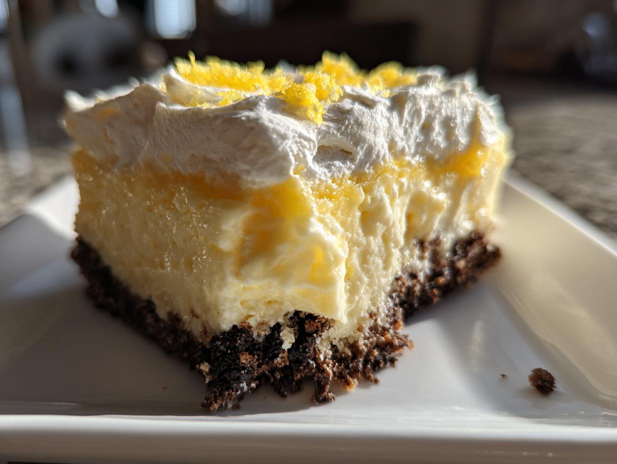 Close-up of a slice of Heavenly Lemon Oreo Dessert with creamy lemon filling and Oreo crust