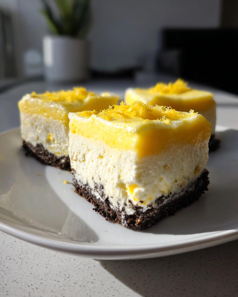 Three square pieces of Heavenly Lemon Oreo Dessert with lemon topping on a white plate.