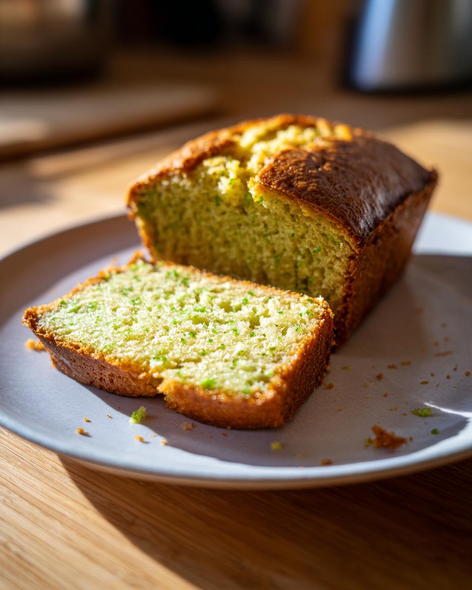 Loaf and slice of keto avocado bread on a plate with a golden crust and green flecks inside.