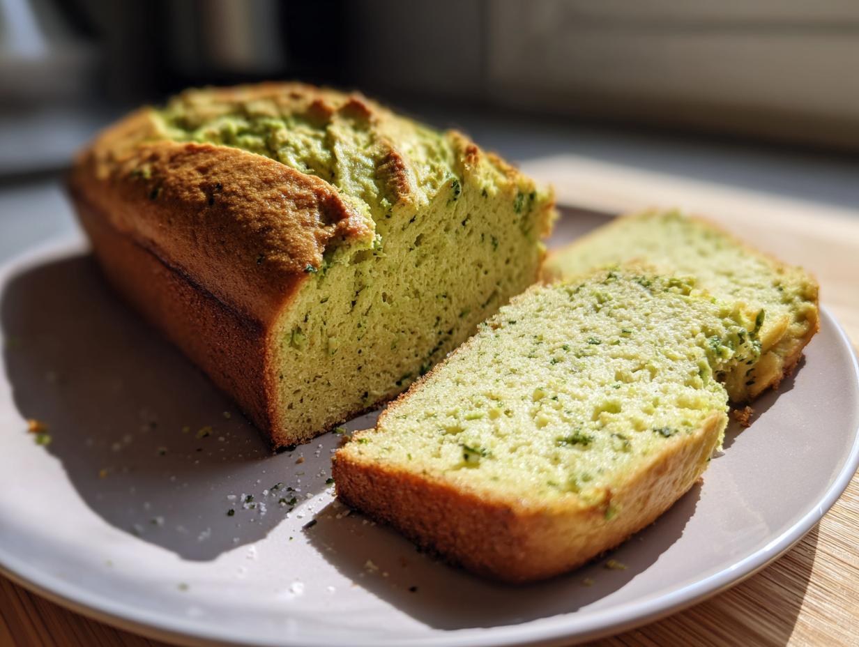 Loaf of keto avocado bread with two slices on a white plate in natural light