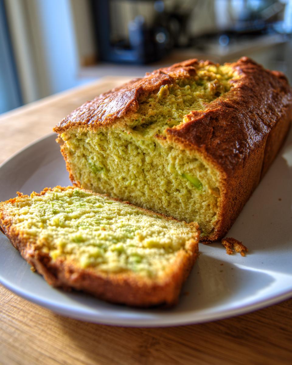 Sliced loaf of keto avocado bread with a golden crust and greenish interior on a plate.