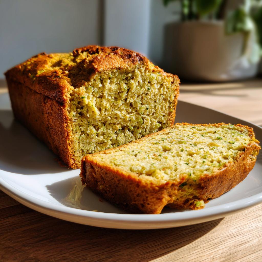 Sliced loaf of keto avocado bread with a golden crust on a white plate.